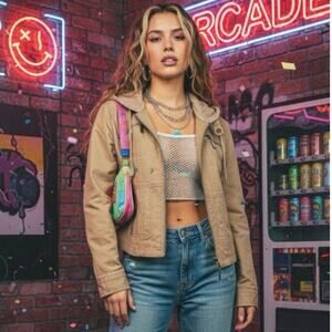 VTG Jou Jou Y2K Large tan faux Leather Motto bomber Jacket cyber grunge indie